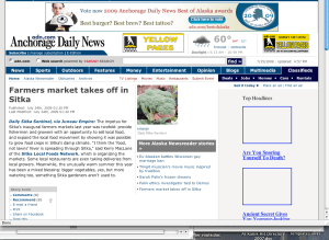 Screenshot of Anchorage Daily News' Alaska Newsreader blog mention of the Sitka Farmers Market 