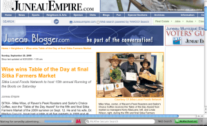 Juneau Empire screenshot of Mike Wise winning the final Table of the Day Award for the 2009 season of Sitka Farmers Markets.