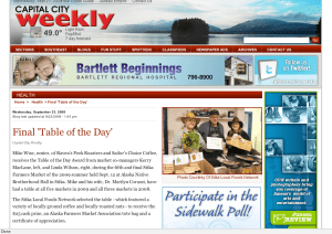 Screenshot of Capital City Weekly page about Mike Wise winning the Table of the Day Award at the final Sitka Farmers Market of the summer