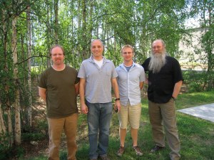 Fast Food Nation author Eric Schlosser, second from left, visits with University of Alaska Fairbanks School of Natural Resources and Agricultural Sciences associate professor Joshua Greenberg, left, student Charles Caster, third from left, and professor Milan Shipka, right, during a May 27 visit to speak at UAF. (Photo courtesy of the UAF School of Natural Resources and Agricultural Sciences blog) Fast Food Nation author Eric Schlosser, second from left, visits with University of Alaska Fairbanks School of Natural Resources and Agricultural Sciences associate professor Joshua Greenberg, left, student Charles Caster, third from left, and professor Milan Shipka, right, during a May 27 visit to speak at UAF. (Photo courtesy of the UAF School of Natural Resources and Agricultural Sciences blog)