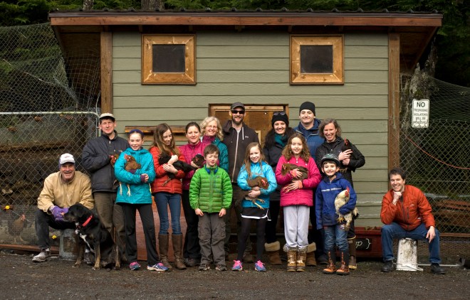Some of the members of Le Coop, one of Sitka's chicken coop co-ops, pose with a few of their birds. (Daily Sitka Sentinel Photo by James Poulson, other photos in story are by Charles Bingham)