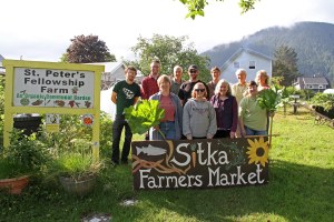 PHOTO COURTESY OF SITKA LOCAL FOODS NETWORK Sitka Local Foods Network board members and supporters pose at the St. Peter's Fellowship Farm communal garden on Monday. St. Peter's Fellowship Farm supplies most of the local produce sold at the Sitka Farmers Markets during the summer. The first Sitka Farmers Market of the season is from 10 a.m. to 1 p.m. on Saturday, July 4, at the Alaska Native Brotherhood Founders Hall, 235 Katlian St. The other five Sitka Farmers Market dates are July 18, Aug. 1, Aug. 15, Aug. 29, and Sept. 12. Pictured are, front row from left, Michelle Putz, Muriel Sadleir-Hart, Lisa Sadleir-Hart, and Kathy Jones. Back row, Matthew Jackson, Jonathan Adler, Peter Gorman, Jud Kirkness, Brandie Cheatham, Mary Therese Thomson, and Laura Schmidt.