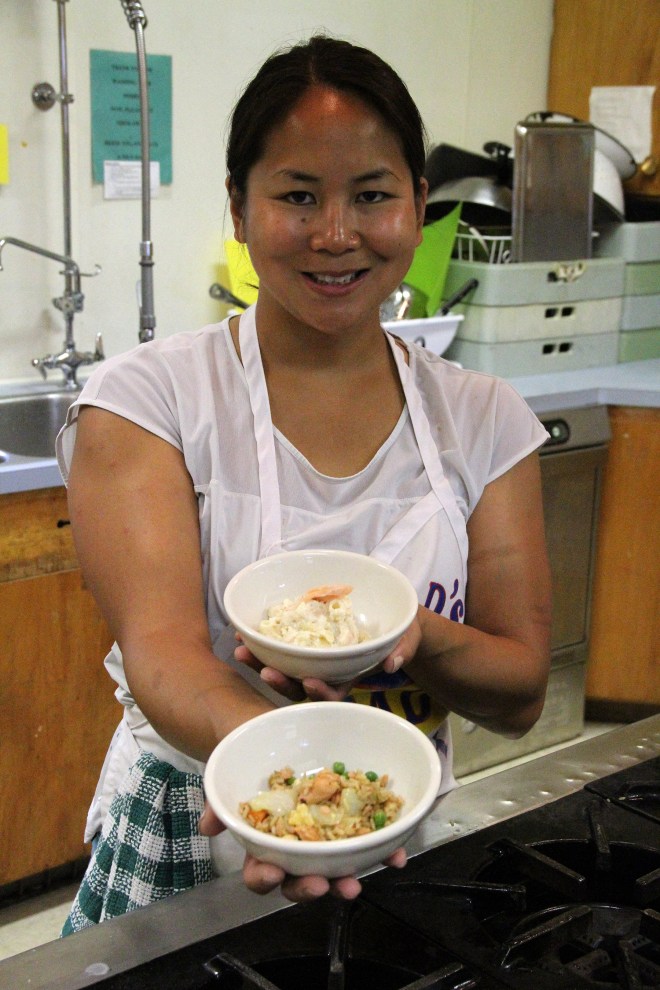 TracyOnWithSalmonFriedRiceSalmonMacAndCheese